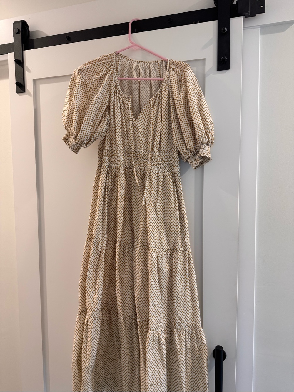 Anthropologie Cream Midi Dress with Brown Dot Pattern